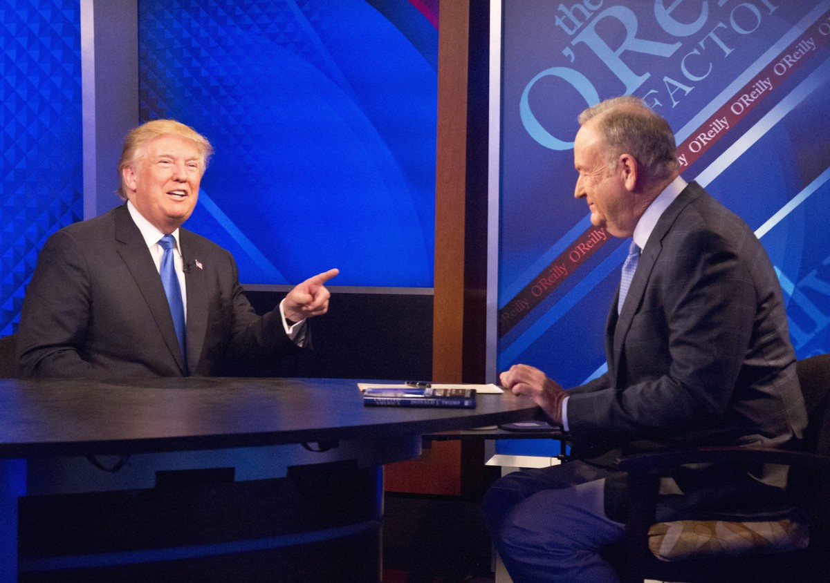 Republican presidential candidate Donald Trump speaks during his interview with Bill O'Reilly on the Fox news talk show "The O'Reilly Factor," Friday, Nov. 6, 2015, in New York. (A ...