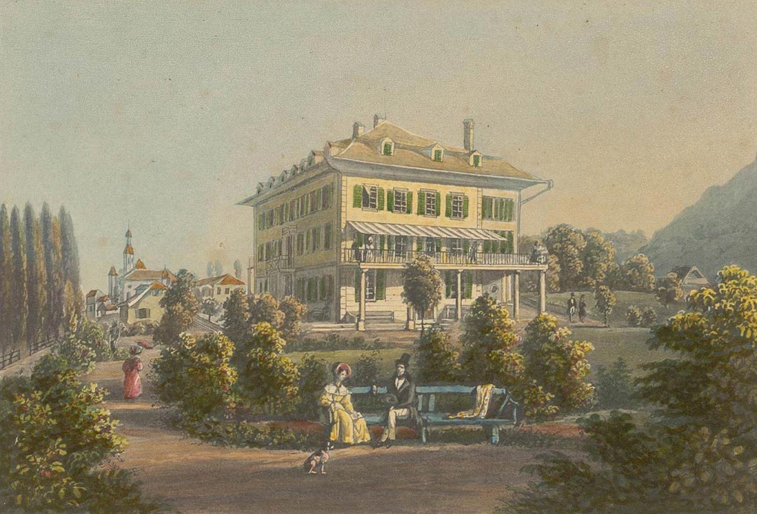 Hôtel de Bellevue à Thoune, Georg Straub, um 1840, Verlag H.F. Leuthold, Zürich.
https://www.e-rara.ch/zuz/content/titleinfo/22111677