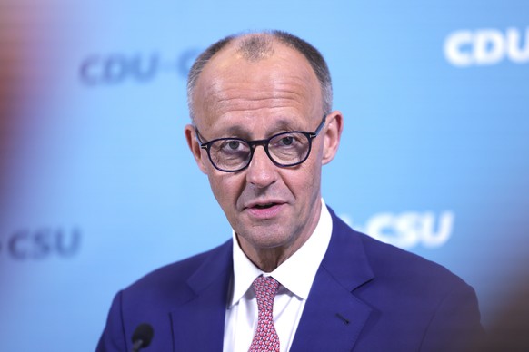 epa12075490 Designated Chancellor and Chairman of the Christian Democratic Union (CDU) party Friedrich Merz attends a news conference after a fraction meeting in Berlin, Germany, 05 May 2025. EPA/HANN ...