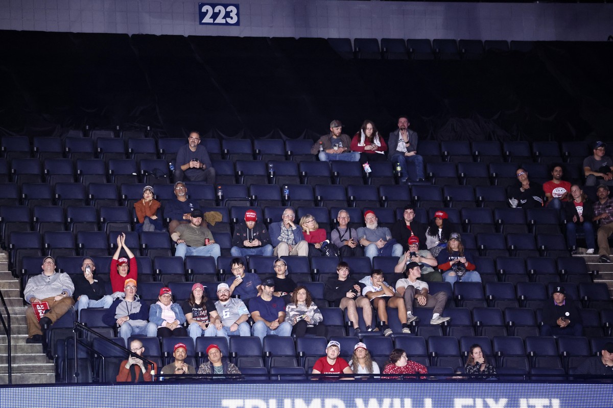 epa11702076 Empty seats during a campaign rally of Republican presidential candidate and former US President Donald Trump in Grand Rapids, Michigan, USA, 04 November 2024. Trump and Vice President and ...