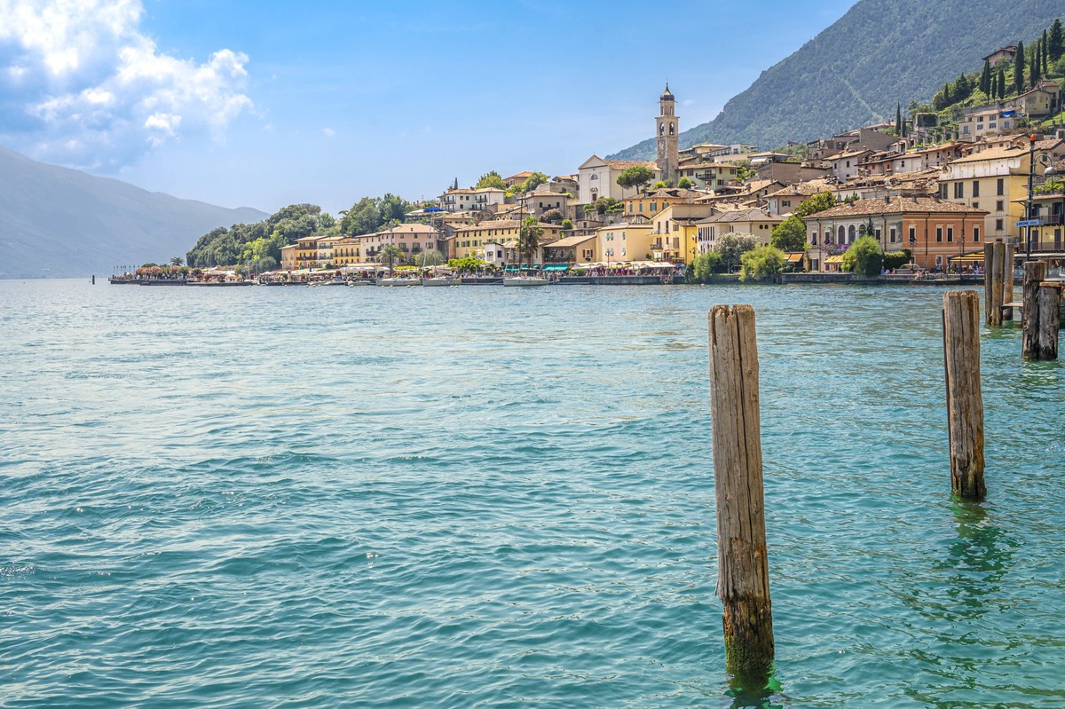 Scenic view of Limone sul Garda in Lombardy, Italy with a waterfront and mountains, MHF00809