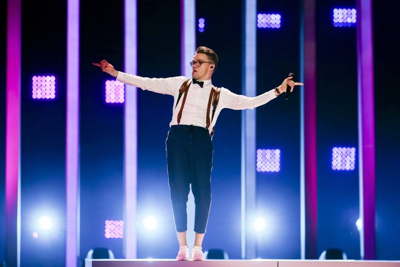 epa06728414 Mikolas Josef representing the Czech Republic with &#039;Lie To Me&#039; performs during rehearsals for the Grand Final of the 63rd annual Eurovision Song Contest (ESC) at the Altice Arena ...