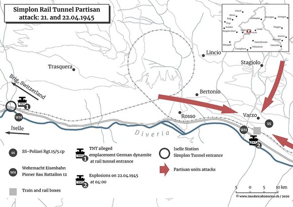 Karte des Partisanenangriffs vom 22. April 1945 in Varzo.