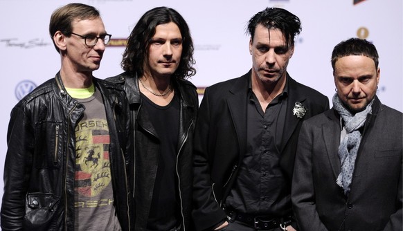 The members of the band Rammstein Paul Landers (from left), Christopher Schneider, Till Lindemann and Oliver Riedel pose in Berlin on Thursday (March 24, 2011) on the occasion of the presentation of the E...
