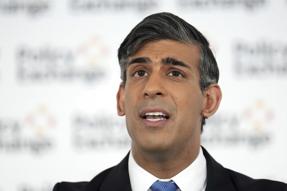 British Prime Minister Rishi Sunak delivers a speech on national security at the Policy Exchange, in London, Monday May 13, 2024. (Carl Court/Pool via AP)