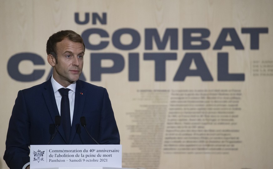 epaselect epa09514816 French President Emmanuel Macron delivers a speech during a ceremony marking the 40th anniversary of the abolition of the death penalty in France, at the Pantheon in Paris, Franc ...