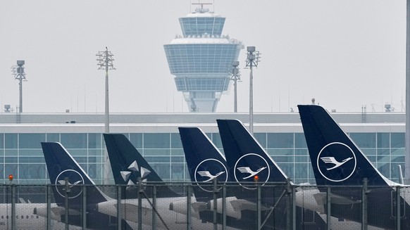 Lufthansa aircraft are parked at an airport as Lufthansa pilots are on a two-day strike in Munich, Germany, Monday, April 13, 2026. (AP Photo/Matthias Schrader)
Germany Lufthansa Strike