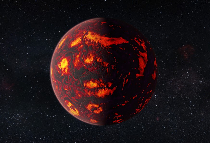 This artist’s impression shows the exoplanet 55 Cancri e as close-up. Due to its proximity to its parent star, the temperatures on the surface of the planet are thought to reach about 2000 degrees Cel ...