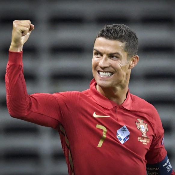 epa08786662 (FILE) - Portugals Cristiano Ronaldo celebrates after scoring during the UEFA Nations League, division A, group 3 soccer game betwween Sweden and Portugal at Friends Arena in Stockholm, Sw ...