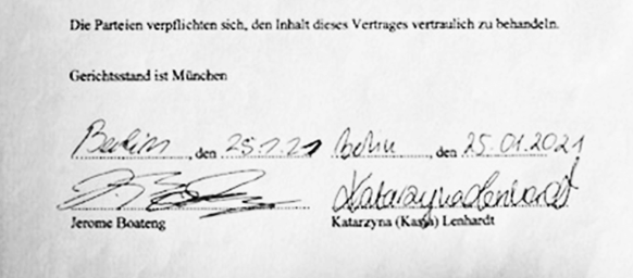 Unterschriften von Kasia Lenhardt und Jérôme Boateng unter die Verschwiegenheitsvereinbarung vom 25. Januar 2021