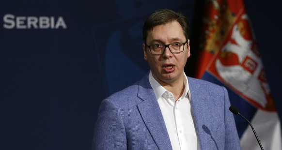 Serbian Prime Minister Aleksandar Vucic speaks during a press conference in Belgrade, Serbia, Saturday, Jan. 14, 2017. A Serbian train, sent to Kosovo despite protests from the government in Pristina  ...