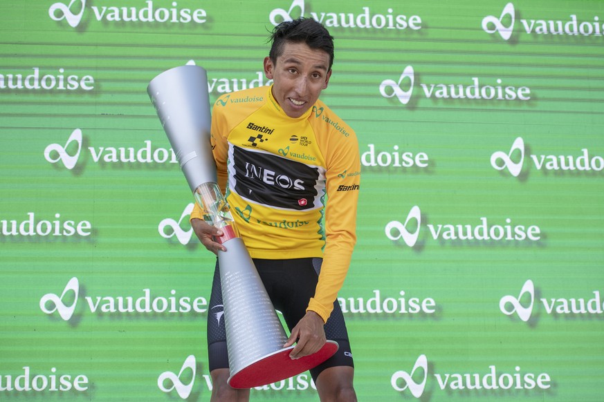 Egan Bernal from Colombia of Team Ineos celebrates after winning the Tour de Suisse at the ninth and final stage, a 101.5 km race with start and finish in Goms, Switzerland, at the 83rd Tour de Suisse ...