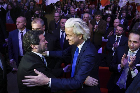 epa10439096 The president of the Party for Freedom of the Netherlands, Geert Wilders (R), is greeted by the president of Chega (Enough) Party, Andre Ventura (L), on the last day of the V Chega Nationa ...