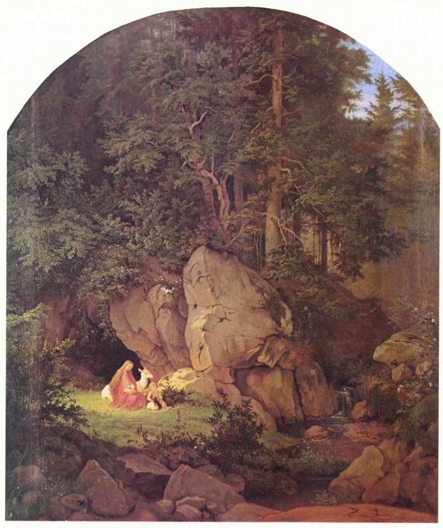 Deutsche Waldseligkeit: «Genoveva in der Waldeinsamkeit», Gemälde von Adrian Ludwig Richter (1841).