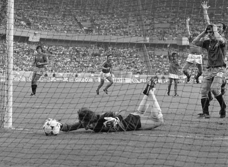 Spanish goalkeeper Luis Arconada is unable to stop a goal kicked by France&#039;s Michel Platini, not seen, during the France-Spain final match of the European Soccer Championship in Paris, June 27, 1 ...