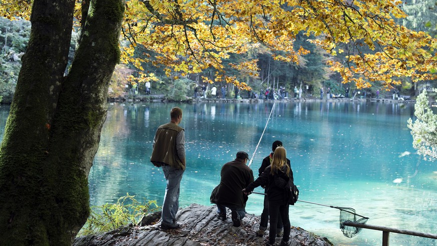 Personen fischen am Blausee, am Sonntag, 11. Oktober 2015, in Blausee im Kandertal im Berner Oberland. (KEYSTONE/Peter Schneider)


People fish at the bank of the Blausee Lake under a autumn-coloured  ...