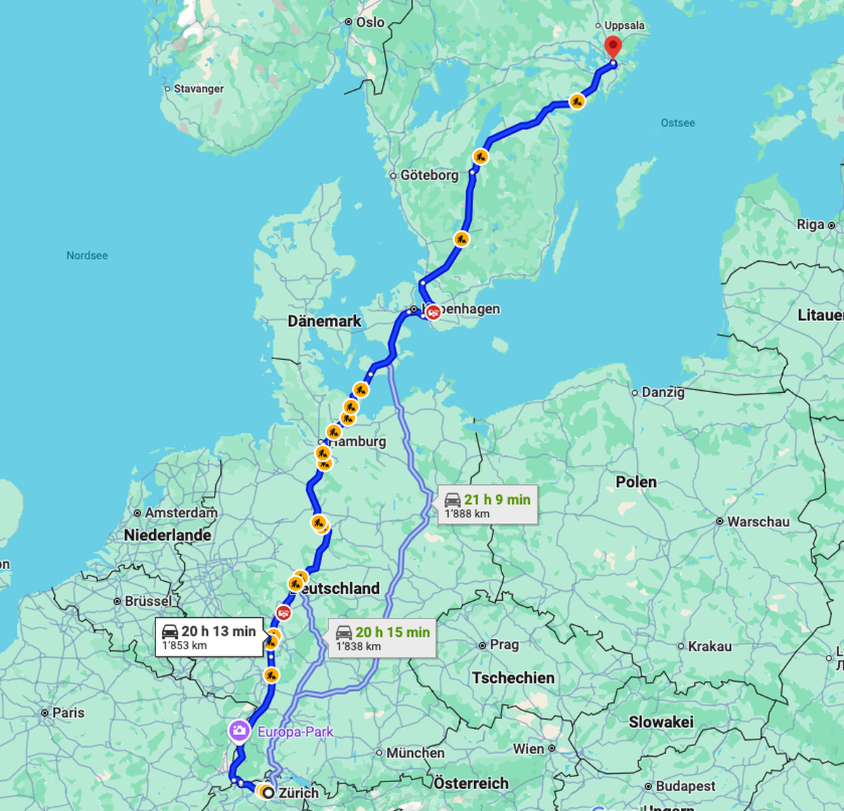 Route Zürich nach stockholm
