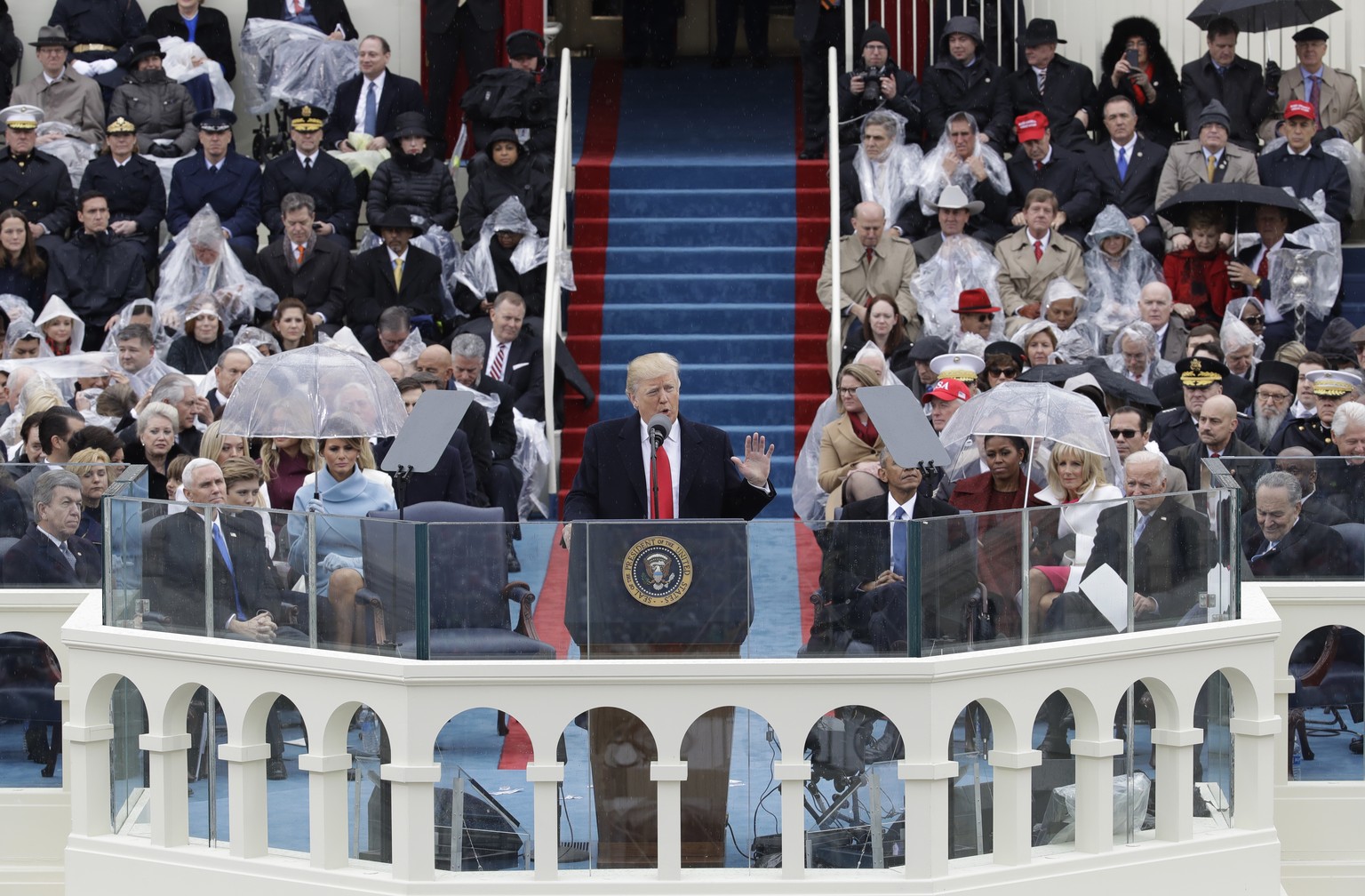 President Donald Trump delivers his inaugural address after being sworn in as the 45th president of the United States during the 58th Presidential Inauguration at the U.S. Capitol in Washington, Frida ...