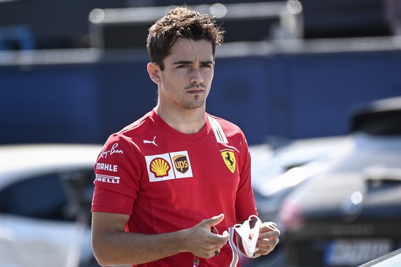 epa09319731 Monegasque Formula One driver Charles Leclerc of Scuderia Ferrari arrives for the third practice session of the Formula One Grand Prix of Austria at the Red Bull Ring in Spielberg, Austria ...