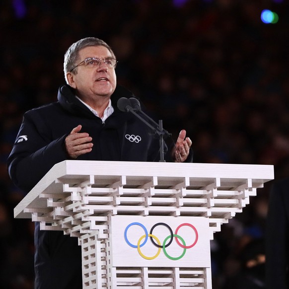 Thomas Bach, president of the International Olympic Committee speaks during the closing ceremony of the 2018 Winter Olympics in Pyeongchang, South Korea, Sunday, Feb. 25, 2018. (AP Photo/Natacha Pisar ...