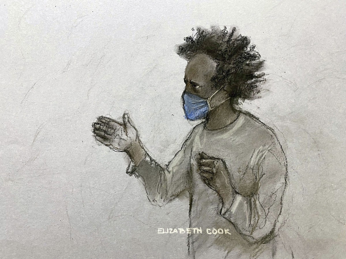 Court artist sketch by Elizabeth Cook of Southport stabbings suspect Axel Rudakubana, 18, shouting from the dock as he appeared at Liverpool Crown Court, for his sentencing hearing after he pleaded gu ...