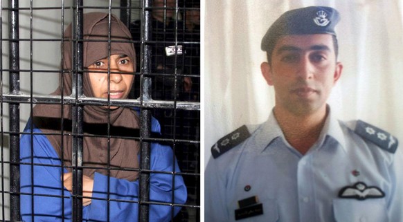 Die seit 2005 in Jordanien inhaftierte Islamistin Sadschida al-Rischawi&nbsp;und der vom IS gefangene jordanische Pilot Muas al-Kasasba.
