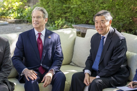 epa12098566 US Secretary of the Treasury Scott Bessent (L) and Chinese Vice Premier He Lifeng (R) during a bilateral meeting in Geneva, Switzerland, 10 May 2025 (made available on 14 May 2025). EPA/MA ...