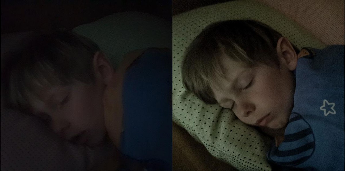 Links: Normalerweise sieht ein Handy-Foto in einem fast dunklen Raum so aus (ISO 1250). Das P20 Pro (rechts) kann im Dunkeln viel länger belichten (ISO 51200).