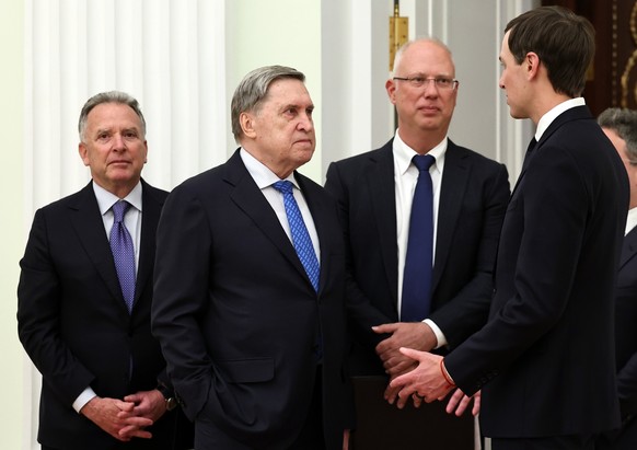 epa12672719 US Presidential Envoy Steve Witkoff (L), Kremlin aide Yuri Ushakov (2nd-L), Russian top economic negotiator Kirill Dmitriev (2nd-R) and Trump's son-in-law Jared Kushner (R) speak befo ...