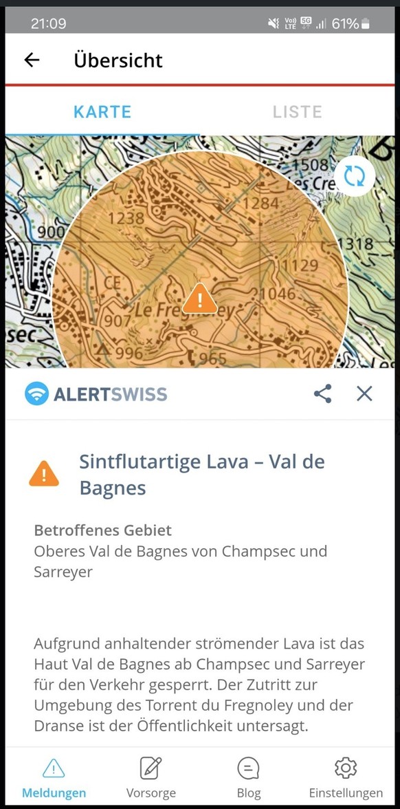 Falsche Lava-Warnung der Alertswiss-App im Wallis.