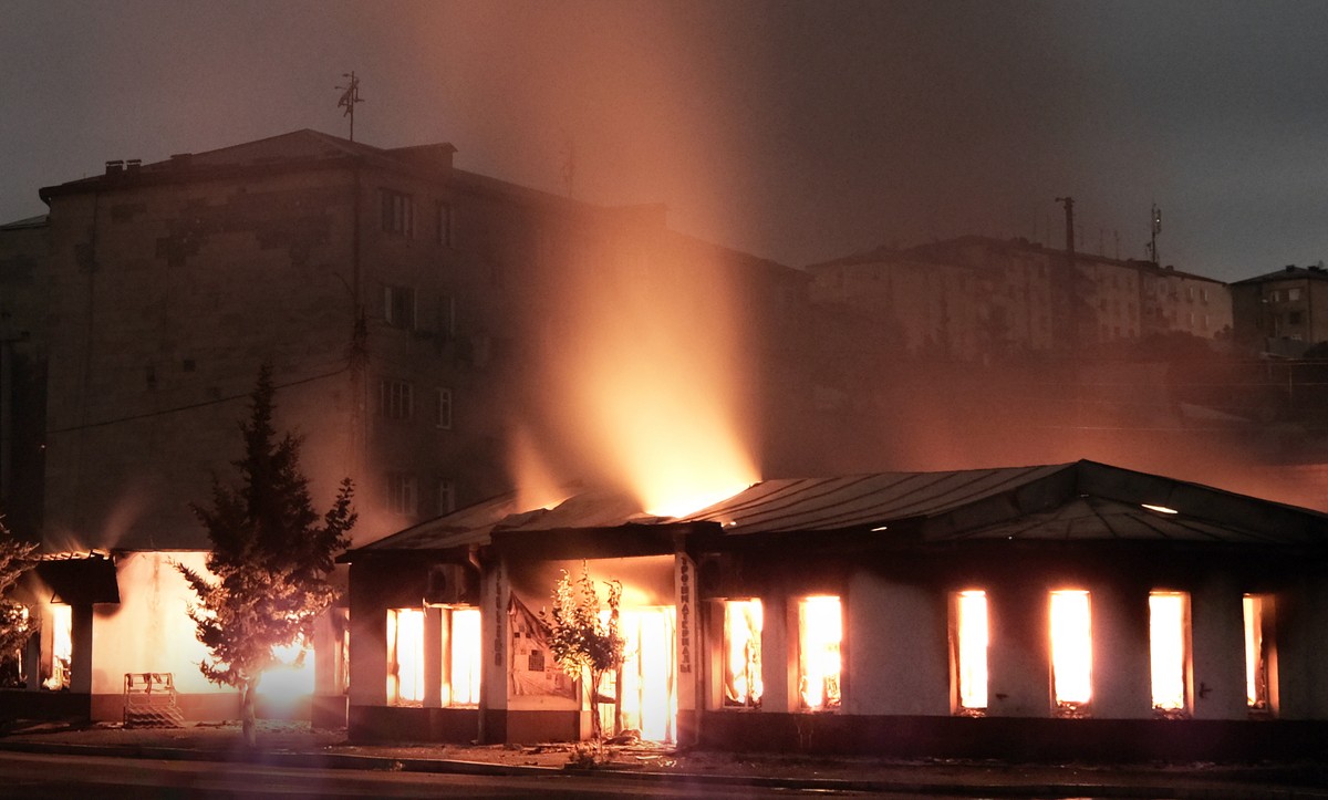 epa08719887 A handout photo made available by ArmGov / PAN Photo shows damages after alleged shelling by Azerbaijani artillery, Stepanakert, Nagorno-Karabakh, 04 October 2020. Armed clashes erupted on ...
