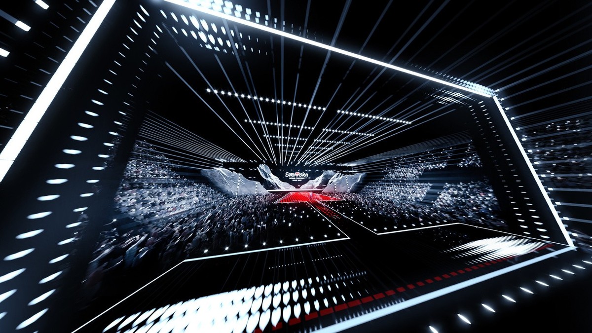 HANDOUT - Visualisierung des Buehendesigns fuer den Eurovision Song Contest ESC 2025 in der St. Jakobsshalle in Basel. Der Eurovision Song Contest 2025 dauert rund eine Woche und beinhaltet insgesamt  ...