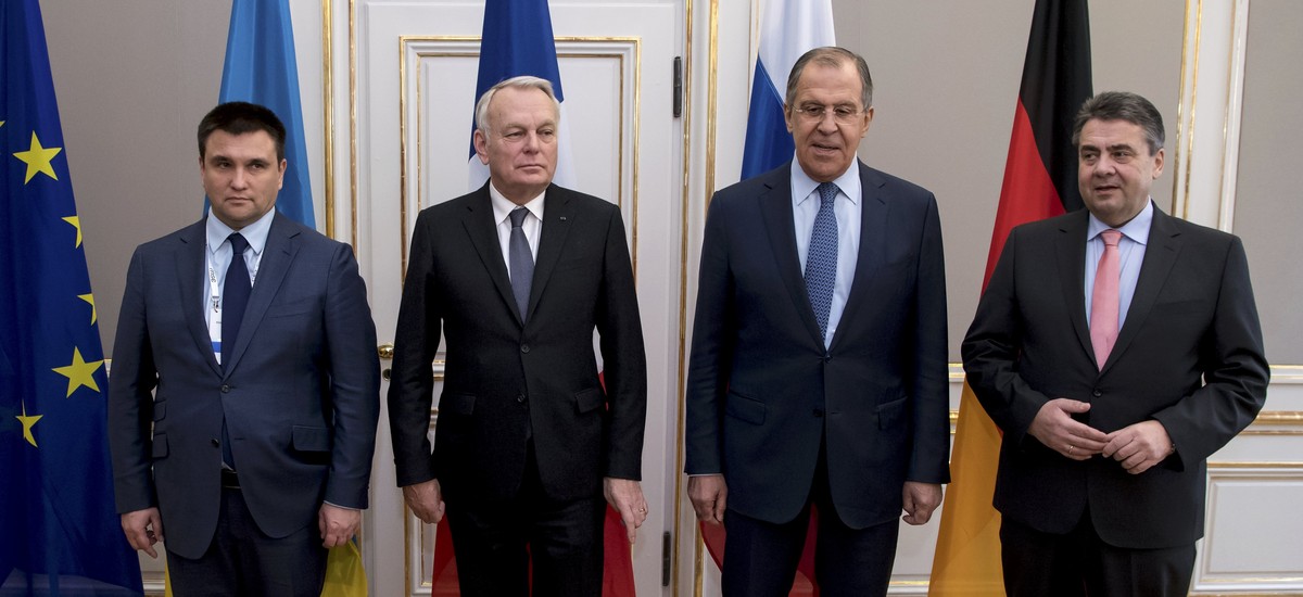 Foreign Ministers of Ukraine Pavlo Klimkin, France Jean-Marc Ayrault, Russia Sergey Lavrov and Germany Sigmar Gabriel pose for a photograph during the 53rd Munich Security Conference in Munich, German ...