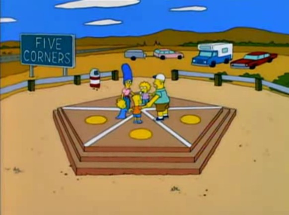 Verrückte Grenzen, Teil IV: Sechs seltsame Grenzlinien in Amerika
Heisst das, ein Five Corner gibts gar nicht? Die Simpsons haben mich mein ganzes Leben lang angelogen... ☹️