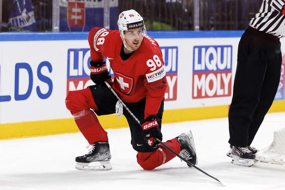 Switzerland&#039;s forward Marco Miranda looks his teammates, during the IIHF 2023 World Championship preliminary round group B game between Switzerland and Slovakia, at the Riga Arena, in Riga, Latvi ...