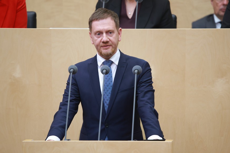 epa11977936 Saxony State Premier Michael Kretschmer speaks during a session of the German Federal Council &#039;Bundesrat&#039; in Berlin, Germany, 21 March 2025. The German constitutional body Bundes ...