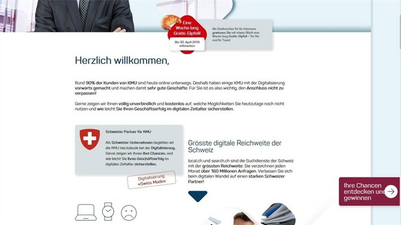 Mit Gipfeli und Bundeswappen wirbt Localsearch um Kunden.