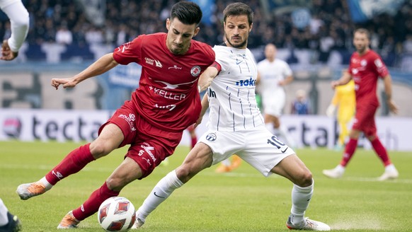 Winterthurs Michael Goncalves, links, im Spiel gegen Zuerichs Antonio Marchesano, rechts, im Fussball Meisterschaftsspiel der Super League zwischen dem FC Zuerich und dem FC Winterthur im Stadion Letz ...