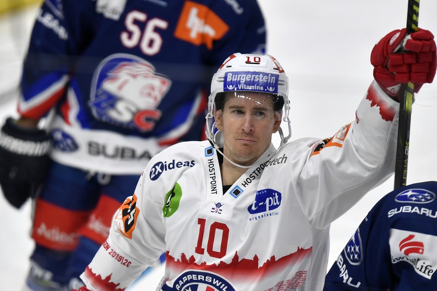 Der Laker Roman Cervenka jubelt nach dem 0-3 fuer die Lakers beim Eishockeyspiel der National League ZSC Lions gegen die SC Rapperswil-Jona Lakers in Zuerich am Freitag, 6. Dezember 2019. (KEYSTONE/Wa ...