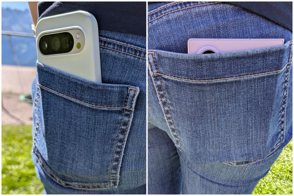Hosentaschen-Test: normales Handy (rund 15 cm lang) vs. Fold 8 (rund 12 cm lang).