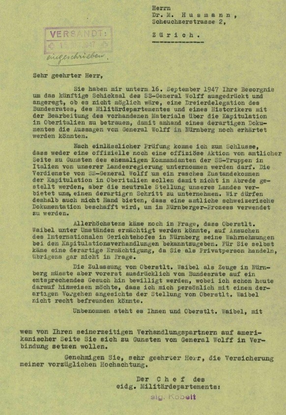 Mitte Oktober 1947 schickte Bundesrat Karl Kobelt eine höfliche Absage an Max Husmann.
https://www.recherche.bar.admin.ch/recherche/link/de/archiv/einheit/1433819