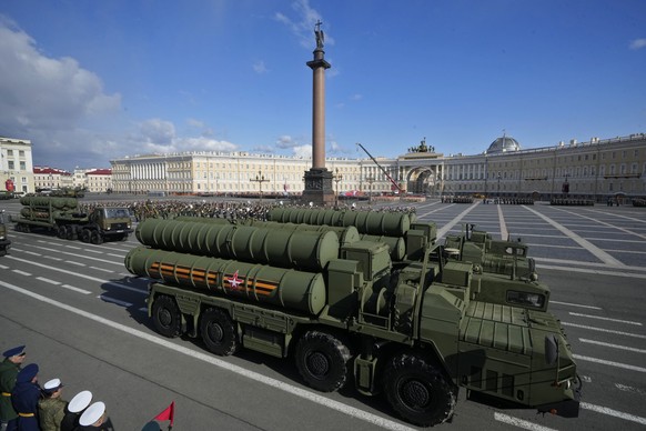 Russian S-400 anti-aircraft missile system launchers roll during a rehearsal for the Victory Day military parade which will take place at Dvortsovaya (Palace) Square on May 9 to celebrate 78 years aft ...