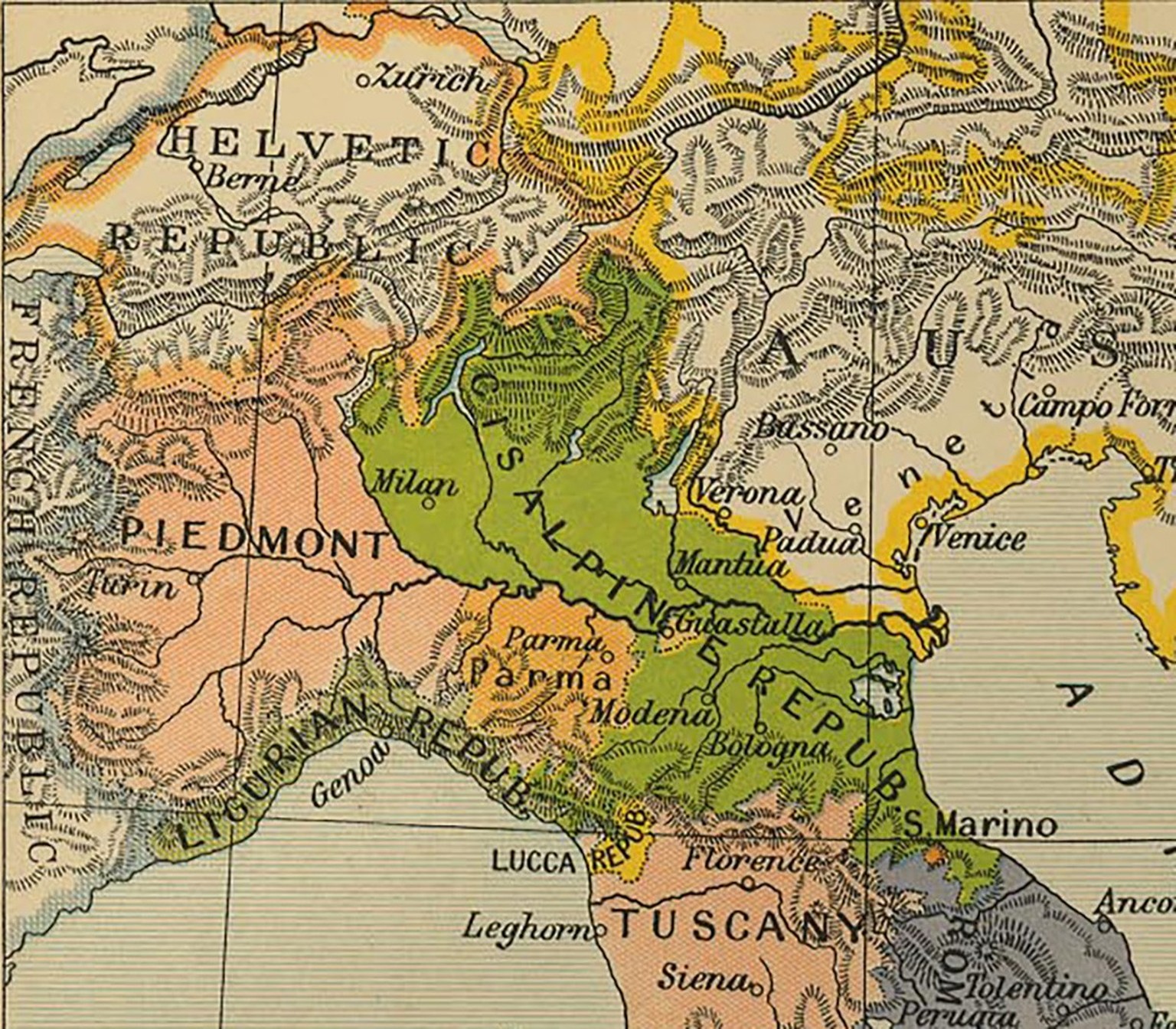 The Cisalpine Republic (in green) in 1799. https://commons.wikimedia.org/wiki/File:Italy_1799.jpg