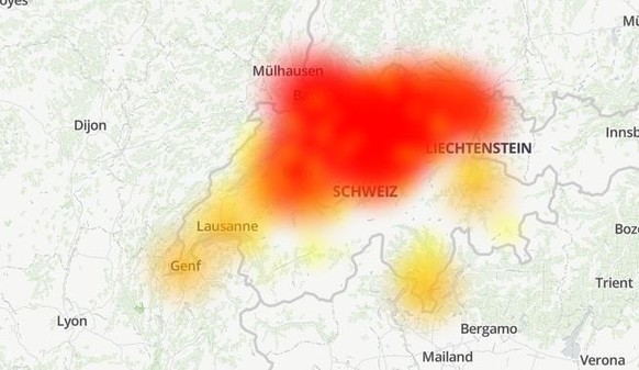 Störungskarte der Swisscom um die Mittagszeit.