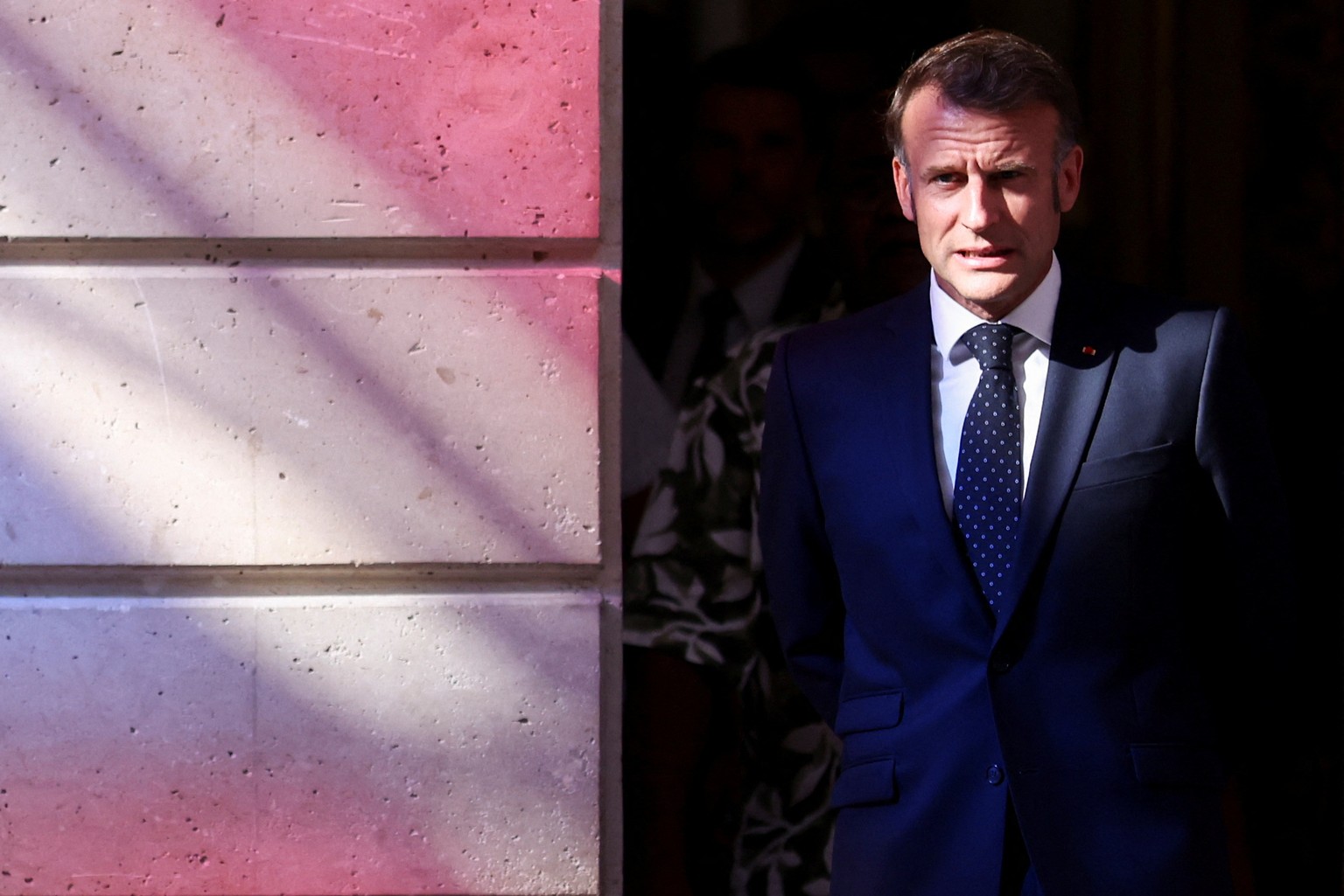 epa12234389 French President Emmanuel Macron looks on before a meeting with New Caledonia&#039;s elected officials and state representatives at the Elysee Palace in Paris, France, 12 July 2025. The Fr ...