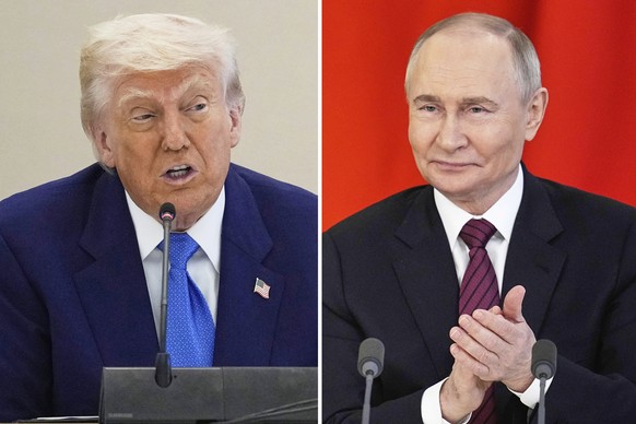 FILE - This combination photo shows U.S. President Donald Trump in a business roundtable in Abu Dhabi, United Arab Emirates, May 16, 2025, left, and Russian President Vladimir Putin at a signing cerem ...