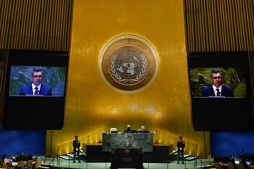 Kyrgyzstan&#039;s President, Sadyr Zhaparov, addresses the 78th session of the United Nations General Assembly, Tuesday, Sept. 19, 2023 at U.N. headquarters. (AP Photo/Frank Franklin II)
Sadyr Zhaparo ...