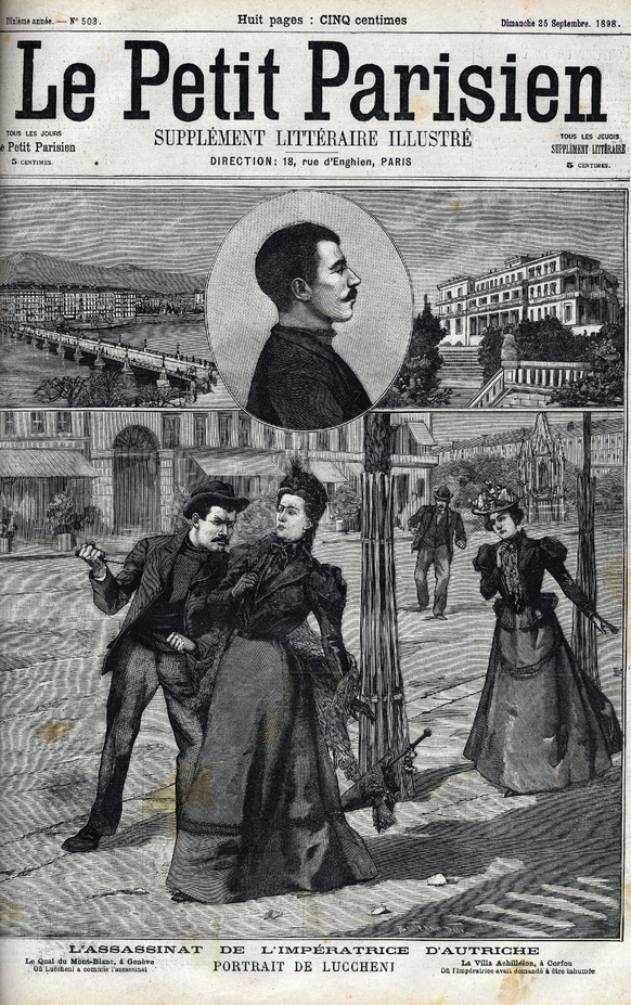 Illustration aus «Le Petit Parisien». Von links: Lucheni, Sisi, Gräfin Sztáray.&nbsp;