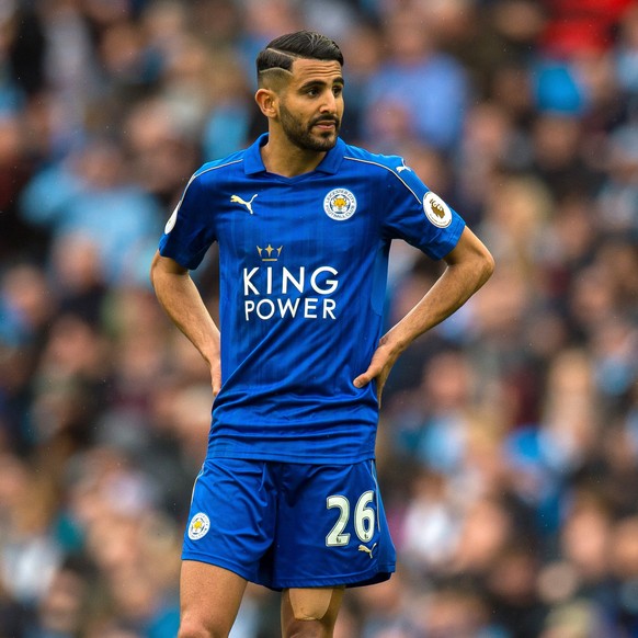 epa05961149 Leicester Cityâs Riyad Mahrez reacts after his penalty kick goal is disallowed during the English Premier League soccer match between Manchester City and Leicester City held at the Etiha ...