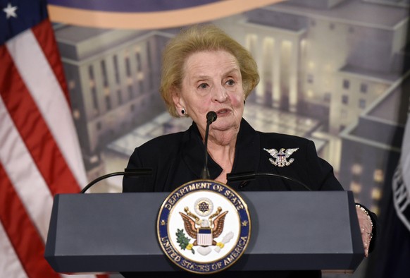 FILE - Former Secretary of State Madeleine Albright speaks at a reception celebrating the completion of the U.S. Diplomacy Center Pavilion at the State Department in Washington, Jan. 10, 2017. Albrigh ...